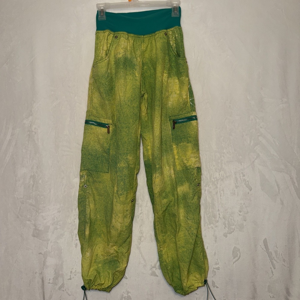 Vtg Zumba Cargo Pants Nylon Women's Y2K Yoga Workout Dance Green/yellow Sz M